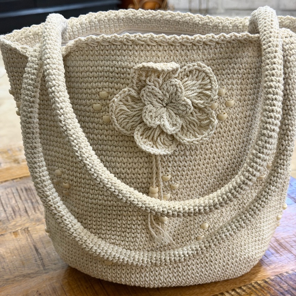 Handmade Ivory Crochet Shoulder Bag With Flower & Beads Beach Boho Chic Lined